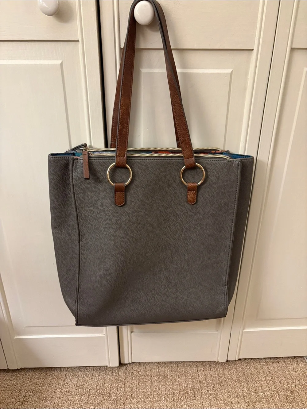 MB Greene Laptop Tote in Smoke Pebble Leather with Brown Leather Handles